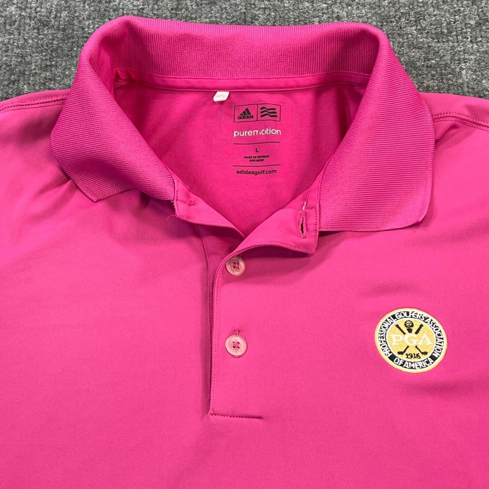 adidas Polo Shirt Men Large Pink Solid Golf PGA Golfers South Florida Puremotion